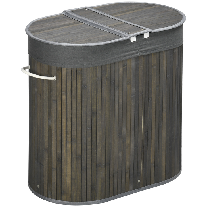 Stylish Bamboo Laundry Basket with Lid & Two Sections - Removable Washable Lining - Grey, 100L Capacity - Premium  from Home Treasures - Just £41.99! Shop now at Home Treasures