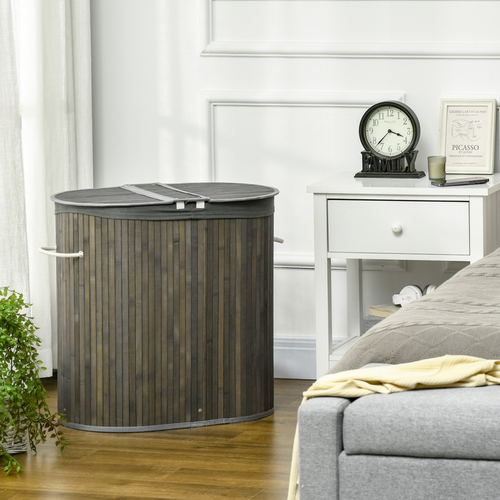 Stylish Bamboo Laundry Basket with Lid & Two Sections - Removable Washable Lining - Grey, 100L Capacity - Premium  from Home Treasures - Just £41.99! Shop now at Home Treasures