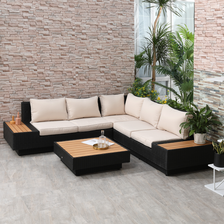 Luxurious Wicker Weave Rattan Sectional Corner Sofa and Coffee Table Set with Cushions - Black, Modern Outdoor Furniture Perfect for Patios and Gardens - Premium  from Home Treasures - Just £1142.99! Shop now at Home Treasures