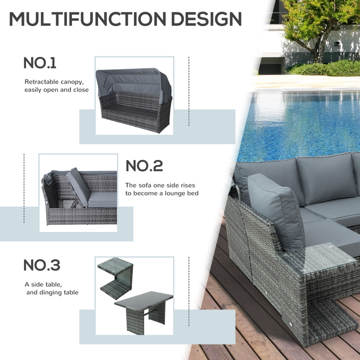 5 PCS Outdoor Rattan Wicker Sofa Set with Adjustable Canopy, Reclining Sofa, Cushions, Side Table & Dining Table - Mixed Grey - Premium  from Home Treasures - Just £1264.99! Shop now at Home Treasures