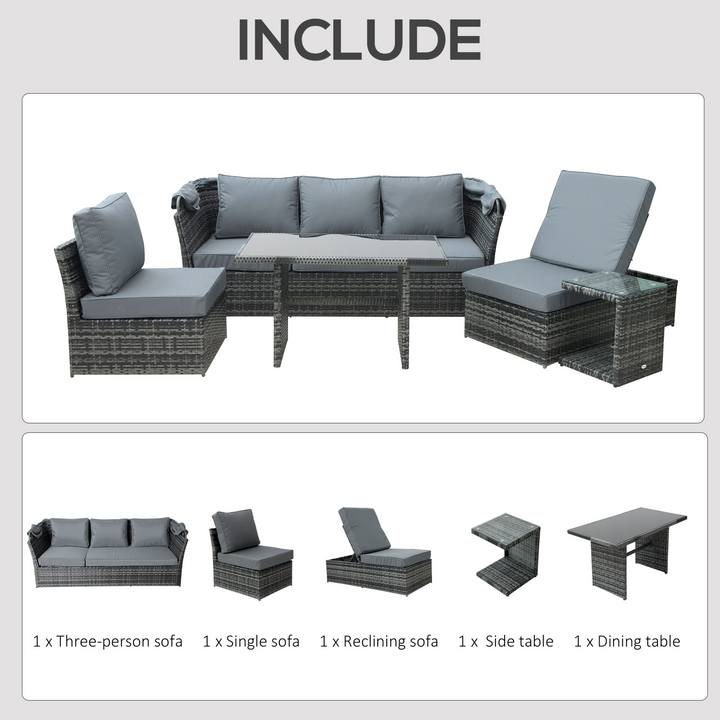 5 PCS Outdoor Rattan Wicker Sofa Set with Adjustable Canopy, Reclining Sofa, Cushions, Side Table & Dining Table - Mixed Grey - Premium  from Home Treasures - Just £1264.99! Shop now at Home Treasures