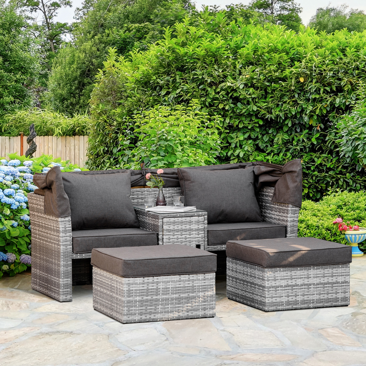 Rattan 2-Seater Daybed Sofa Set with Footstool, Tempered Glass Coffee Table, and Olefin Cushions - Outdoor Patio Furniture with Retractable Canopy and Durable PE Wicker - Premium  from Home Treasures - Just £912.99! Shop now at Home Treasures