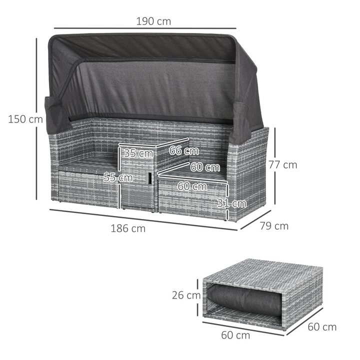 Rattan 2-Seater Daybed Sofa Set with Footstool, Tempered Glass Coffee Table, and Olefin Cushions - Outdoor Patio Furniture with Retractable Canopy and Durable PE Wicker - Premium  from Home Treasures - Just £912.99! Shop now at Home Treasures