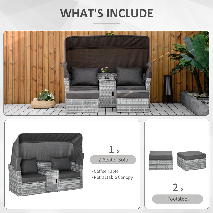 Rattan 2-Seater Daybed Sofa Set with Footstool, Tempered Glass Coffee Table, and Olefin Cushions - Outdoor Patio Furniture with Retractable Canopy and Durable PE Wicker - Premium  from Home Treasures - Just £912.99! Shop now at Home Treasures