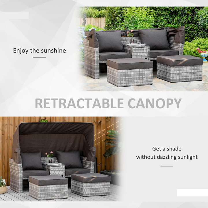 Rattan 2-Seater Daybed Sofa Set with Footstool, Tempered Glass Coffee Table, and Olefin Cushions - Outdoor Patio Furniture with Retractable Canopy and Durable PE Wicker - Premium  from Home Treasures - Just £912.99! Shop now at Home Treasures