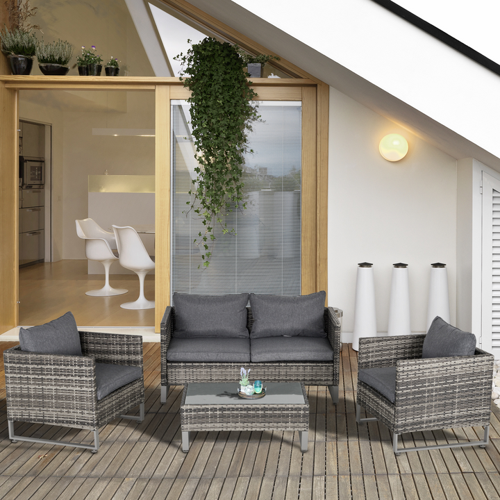 Elegant Rattan Wicker Dining Set with Sofa Chairs, Glass Top Table & Cushions in Dark Grey - 4-Piece Outdoor Furniture Set for Garden & Patio - Premium  from Home Treasures - Just £687.99! Shop now at Home Treasures