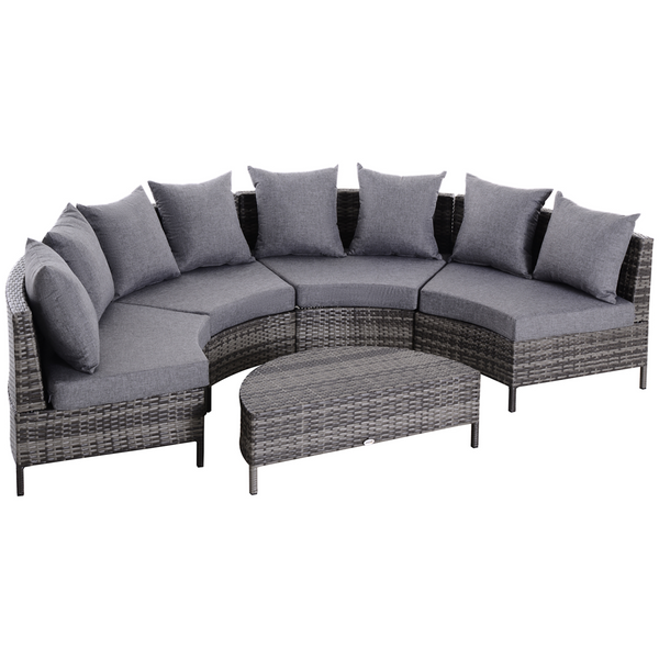 Elegant Grey Wicker Weave Rattan Half-Round Sofa & Table Set with Cushioned Seats & Pillows - 5-Piece Outdoor Patio Furniture - Premium  from Home Treasures - Just £715.99! Shop now at Home Treasures