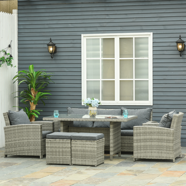 Elegant Wicker Weave Rattan Dining Set with Cushions in Grey – 6-Piece Outdoor Furniture - Premium  from Home Treasures - Just £1071.99! Shop now at Home Treasures