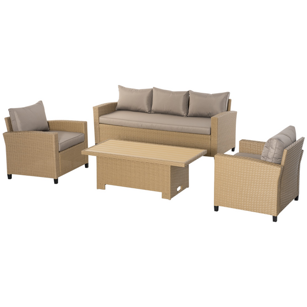 Stylish Rattan Sofa Set with Adjustable Wood Grain Plastic Table-top & Cushions (Khaki) - Perfect for Outdoor Lounging & Dining - Premium  from Home Treasures - Just £1495.99! Shop now at Home Treasures