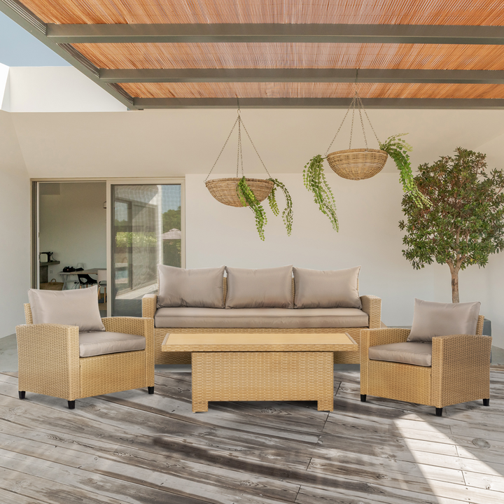 Stylish Rattan Sofa Set with Adjustable Wood Grain Plastic Table-top & Cushions (Khaki) - Perfect for Outdoor Lounging & Dining - Premium  from Home Treasures - Just £1495.99! Shop now at Home Treasures