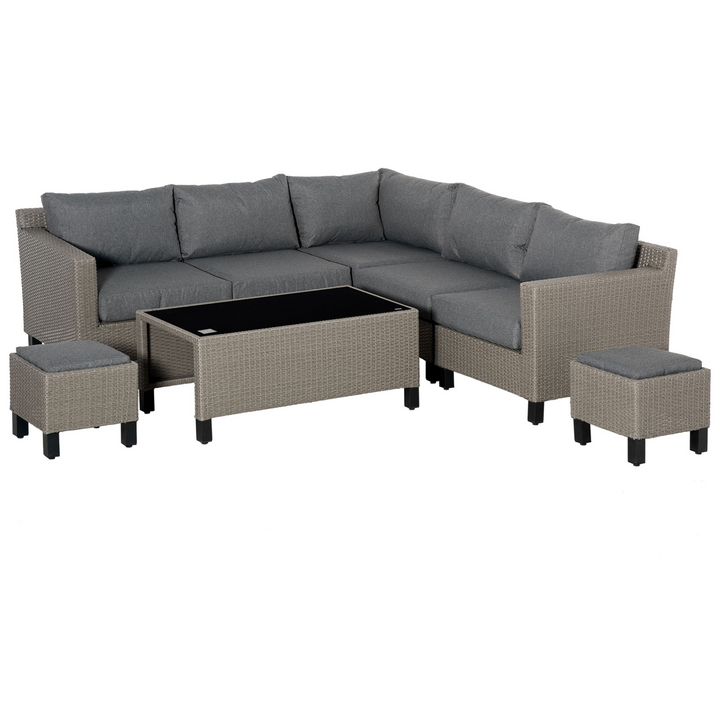 Elegant Rattan Corner Sofa Set with Tempered Glass Coffee Table & Cushions in Grey - 8 Piece Outdoor Furniture Set for Garden & Patio - Premium  from Home Treasures - Just £1652.99! Shop now at Home Treasures