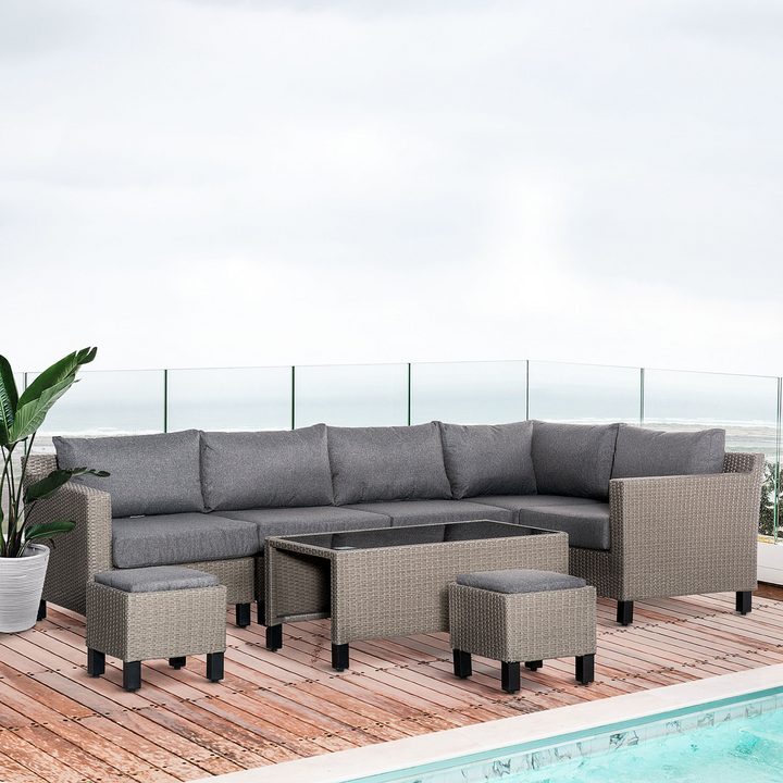 Elegant Rattan Corner Sofa Set with Tempered Glass Coffee Table & Cushions in Grey - 8 Piece Outdoor Furniture Set for Garden & Patio - Premium  from Home Treasures - Just £1652.99! Shop now at Home Treasures