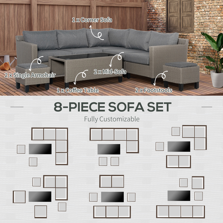 Elegant Rattan Corner Sofa Set with Tempered Glass Coffee Table & Cushions in Grey - 8 Piece Outdoor Furniture Set for Garden & Patio - Premium  from Home Treasures - Just £1652.99! Shop now at Home Treasures