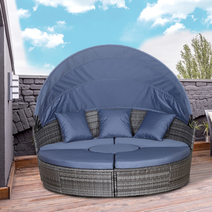 Elegant Wicker Weave Rattan Cushioned Round Sofa Bed with Coffee Table in Grey - Perfect for Outdoor Lounging - Premium  from Home Treasures - Just £576.99! Shop now at Home Treasures