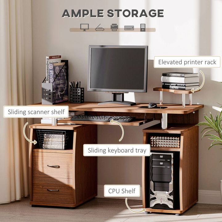 Computer Desk with Keyboard Tray, CPU Shelf, Drawers, Sliding Scanner Shelf, Brown - Premium  from Home Treasures - Just £130.99! Shop now at Home Treasures