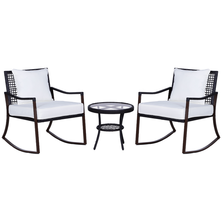 Wicker Weave Rattan Bistro Set - 2 Rocking Armchairs with Pillow Cushions & Tempered Glass Round Coffee Table (Brown) - Perfect for Outdoor Patio, Backyard, Deck, or Balcony - Premium  from Home Treasures - Just £212.99! Shop now at Home Treasures