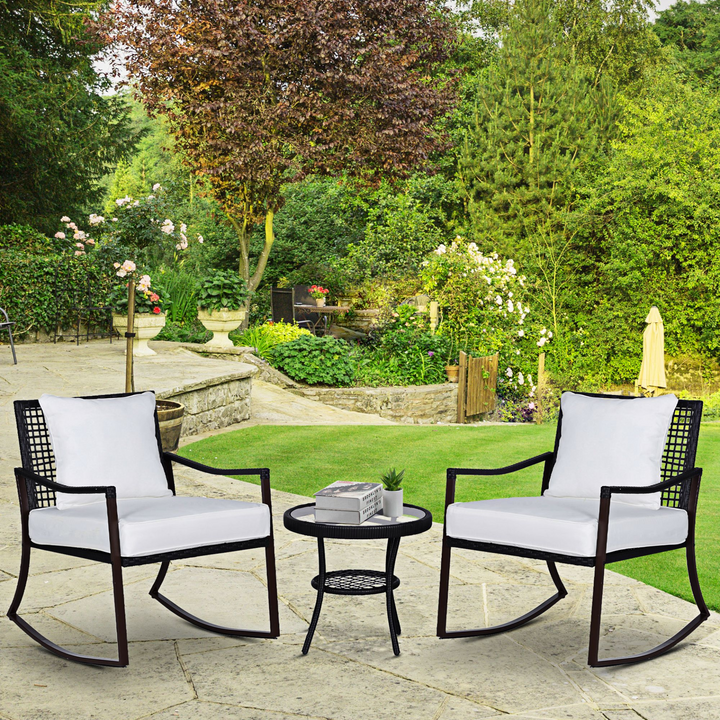 Wicker Weave Rattan Bistro Set - 2 Rocking Armchairs with Pillow Cushions & Tempered Glass Round Coffee Table (Brown) - Perfect for Outdoor Patio, Backyard, Deck, or Balcony - Premium  from Home Treasures - Just £212.99! Shop now at Home Treasures