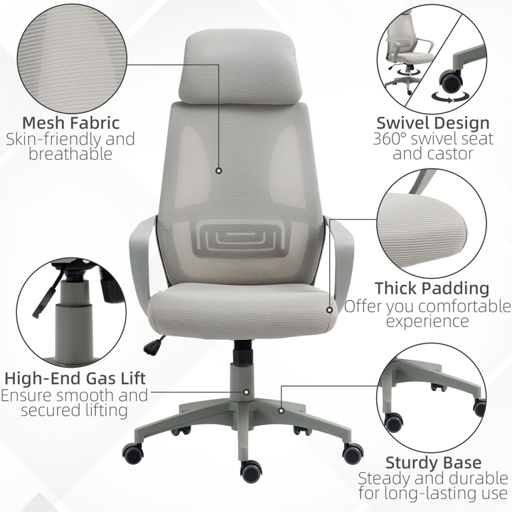 Vinsetto Grey Ergonomic Office Chair with High Mesh Back, Adjustable Height, Swivel Base & Wheels - Premium  from Home Treasures - Just £120.99! Shop now at Home Treasures