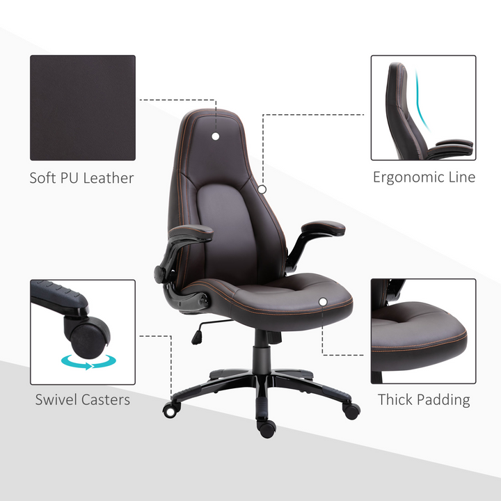 Vinsetto PU Leather Office Chair - Ergonomic Swivel Computer Desk Chair with Adjustable Height, Flip Up Armrests & Tilt Function - Dark Brown - Premium  from Home Treasures - Just £161.99! Shop now at Home Treasures