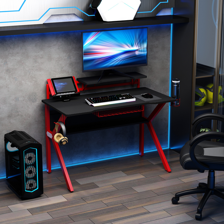 Gaming Desk with Large Monitor Stand, Adjustable Feet, Cup Holder & Headphone Hook - Red - Premium  from Home Treasures - Just £130.99! Shop now at Home Treasures