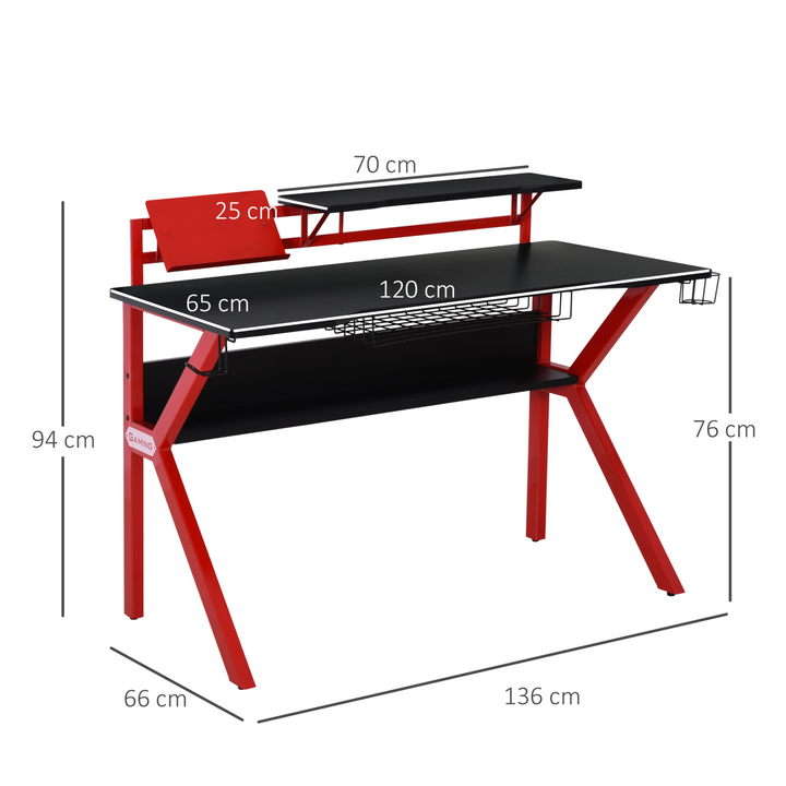 Gaming Desk with Large Monitor Stand, Adjustable Feet, Cup Holder & Headphone Hook - Red - Premium  from Home Treasures - Just £130.99! Shop now at Home Treasures