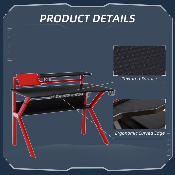 Gaming Desk with Large Monitor Stand, Adjustable Feet, Cup Holder & Headphone Hook - Red - Premium  from Home Treasures - Just £130.99! Shop now at Home Treasures