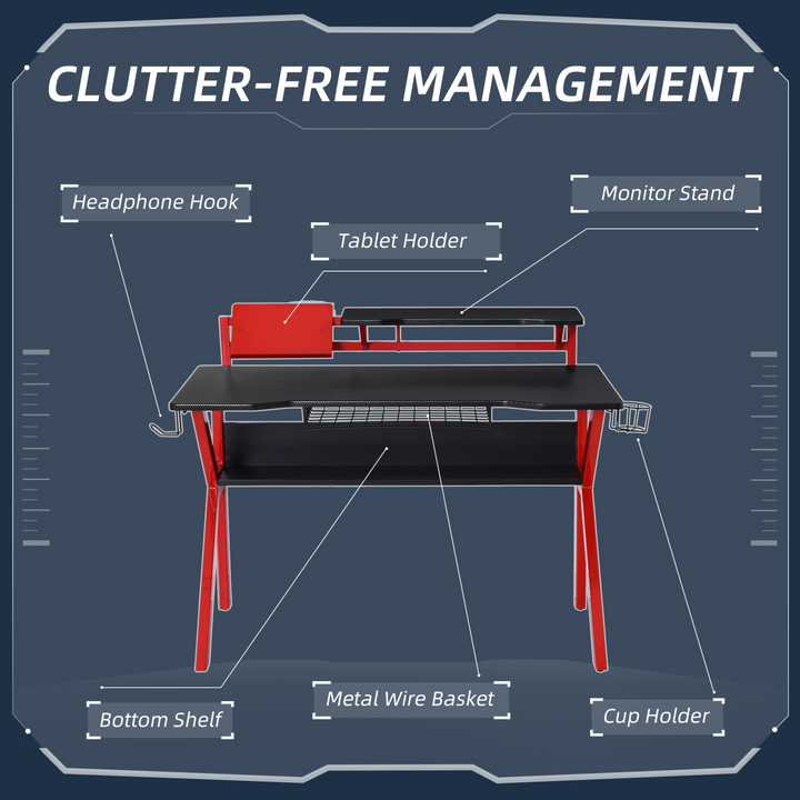 Gaming Desk with Large Monitor Stand, Adjustable Feet, Cup Holder & Headphone Hook - Red - Premium  from Home Treasures - Just £130.99! Shop now at Home Treasures