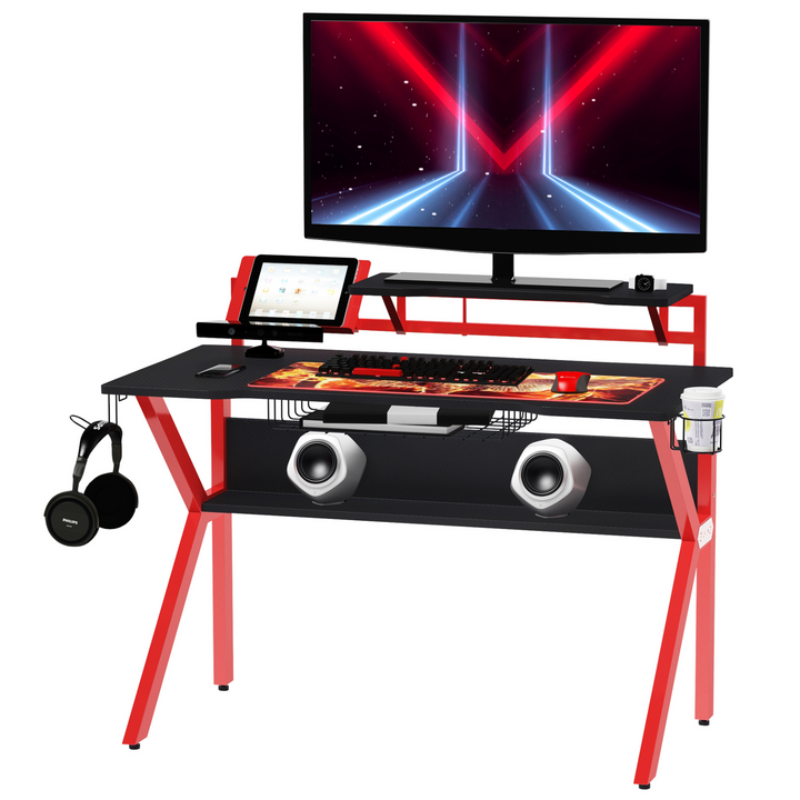 Gaming Desk with Large Monitor Stand, Adjustable Feet, Cup Holder & Headphone Hook - Red - Premium  from Home Treasures - Just £130.99! Shop now at Home Treasures