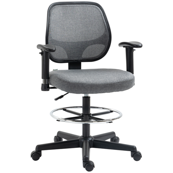 Vinsetto Grey Drafting Chair with Adjustable Footrest, Arms & Wheels – Perfect for Tall Work Surfaces - Premium  from Home Treasures - Just £107.99! Shop now at Home Treasures