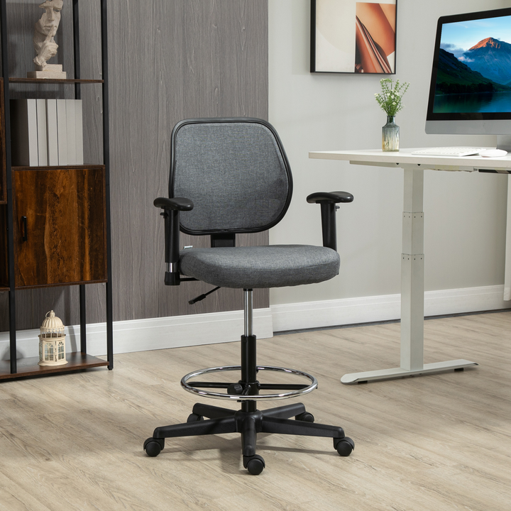 Vinsetto Grey Drafting Chair with Adjustable Footrest, Arms & Wheels – Perfect for Tall Work Surfaces - Premium  from Home Treasures - Just £107.99! Shop now at Home Treasures