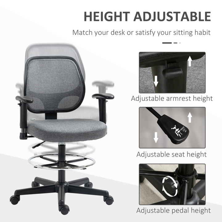 Vinsetto Grey Drafting Chair with Adjustable Footrest, Arms & Wheels – Perfect for Tall Work Surfaces - Premium  from Home Treasures - Just £107.99! Shop now at Home Treasures