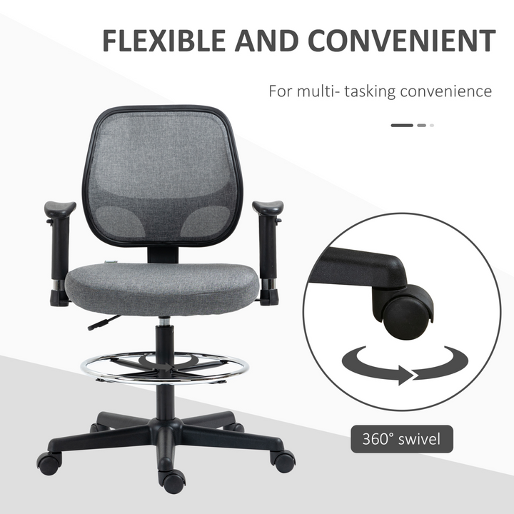 Vinsetto Grey Drafting Chair with Adjustable Footrest, Arms & Wheels – Perfect for Tall Work Surfaces - Premium  from Home Treasures - Just £107.99! Shop now at Home Treasures