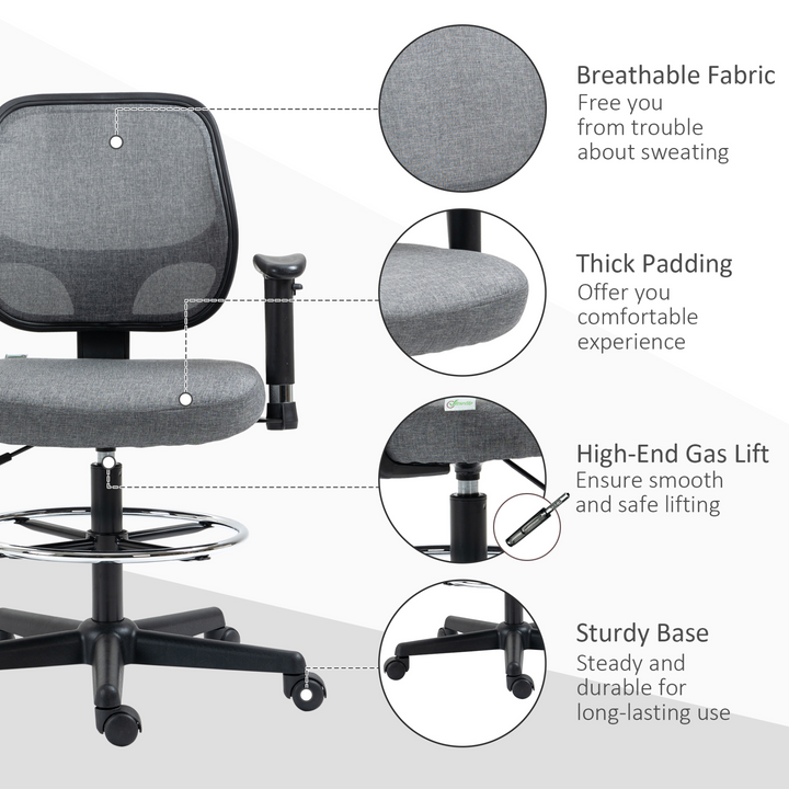 Vinsetto Grey Drafting Chair with Adjustable Footrest, Arms & Wheels – Perfect for Tall Work Surfaces - Premium  from Home Treasures - Just £107.99! Shop now at Home Treasures