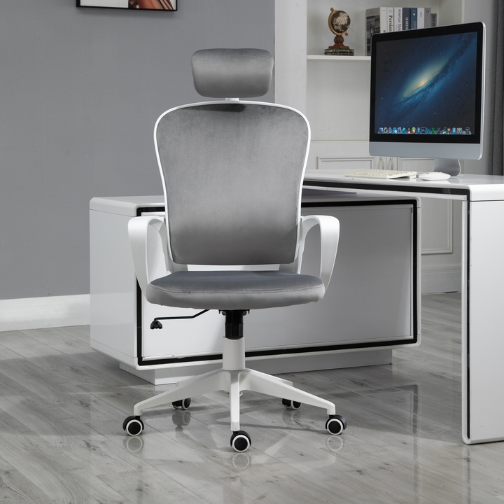 Vinsetto High-Back Ergonomic Office Chair with Velvet Fabric, Adjustable Headrest and Height, 360° Wheels - Grey - Premium  from Home Treasures - Just £90.99! Shop now at Home Treasures