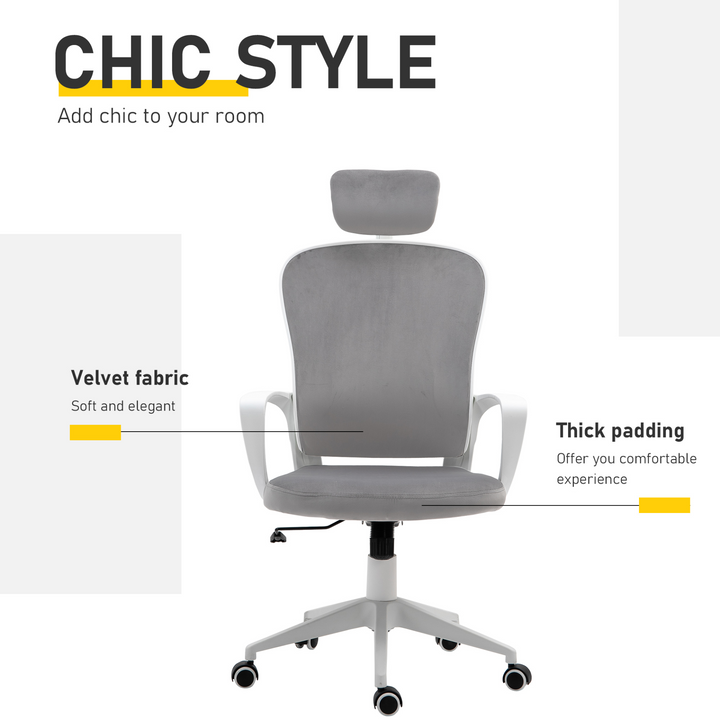 Vinsetto High-Back Ergonomic Office Chair with Velvet Fabric, Adjustable Headrest and Height, 360° Wheels - Grey - Premium  from Home Treasures - Just £90.99! Shop now at Home Treasures