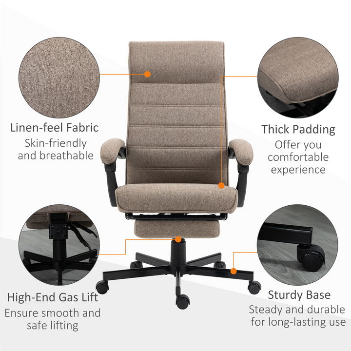 Vinsetto Ergonomic High-Back Brown Linen Home Office Chair with Adjustable Height, Footrest & Padded Armrest - Premium  from Home Treasures - Just £148.99! Shop now at Home Treasures