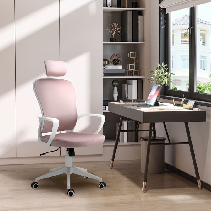 Vinsetto High-Back Office Chair with Velvet Fabric, Adjustable Headrest, and Wheels - Pink - Premium  from Home Treasures - Just £113.99! Shop now at Home Treasures