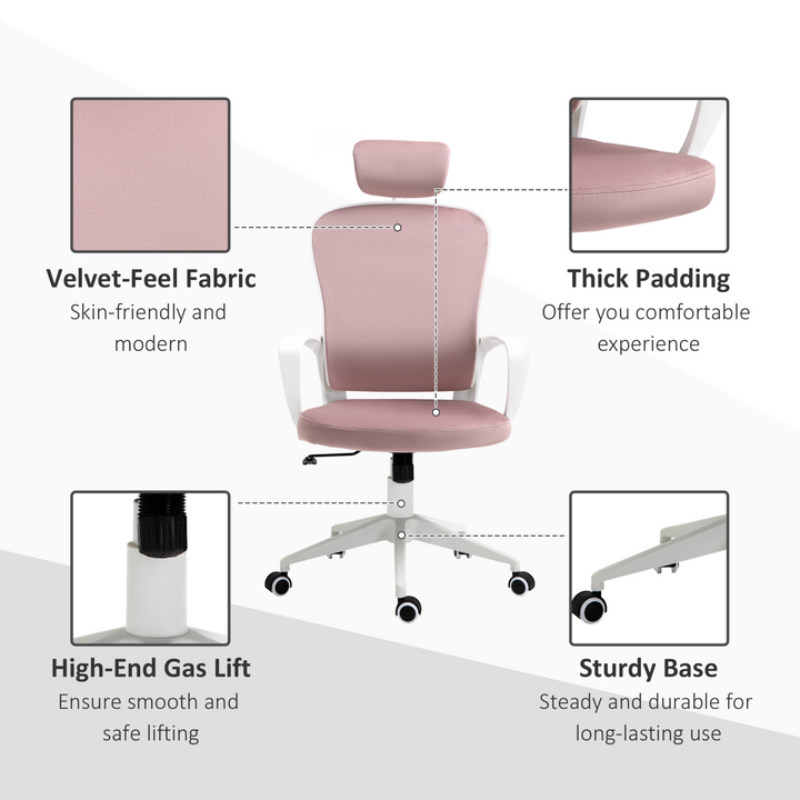 Vinsetto High-Back Office Chair with Velvet Fabric, Adjustable Headrest, and Wheels - Pink - Premium  from Home Treasures - Just £113.99! Shop now at Home Treasures