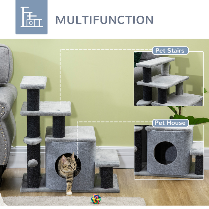 PawHut Adjustable 4-Step Pet Stairs & Cat House with Detachable Cover - Grey | Ideal for Sofas and Beds, Includes Fun Hanging Balls - Premium  from Home Treasures - Just £54.99! Shop now at Home Treasures