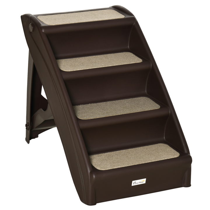 PawHut Foldable Pet Stairs - Portable Dog Steps for Sofa & Bed | Non-Slip, 4-Step Design for Cats & Small Dogs - Dark Brown, 62x38x49.5cm - Premium  from Home Treasures - Just £47.99! Shop now at Home Treasures