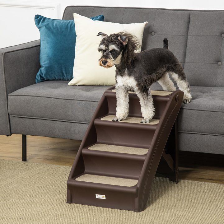 PawHut Foldable Pet Stairs - Portable Dog Steps for Sofa & Bed | Non-Slip, 4-Step Design for Cats & Small Dogs - Dark Brown, 62x38x49.5cm - Premium  from Home Treasures - Just £47.99! Shop now at Home Treasures