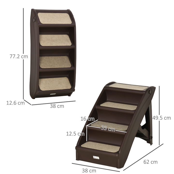 PawHut Foldable Pet Stairs - Portable Dog Steps for Sofa & Bed | Non-Slip, 4-Step Design for Cats & Small Dogs - Dark Brown, 62x38x49.5cm - Premium  from Home Treasures - Just £47.99! Shop now at Home Treasures