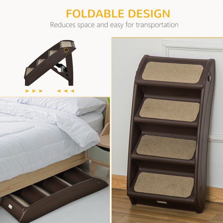 PawHut Foldable Pet Stairs - Portable Dog Steps for Sofa & Bed | Non-Slip, 4-Step Design for Cats & Small Dogs - Dark Brown, 62x38x49.5cm - Premium  from Home Treasures - Just £47.99! Shop now at Home Treasures