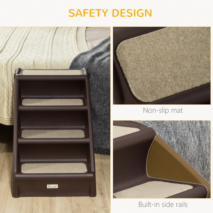 PawHut Foldable Pet Stairs - Portable Dog Steps for Sofa & Bed | Non-Slip, 4-Step Design for Cats & Small Dogs - Dark Brown, 62x38x49.5cm - Premium  from Home Treasures - Just £47.99! Shop now at Home Treasures