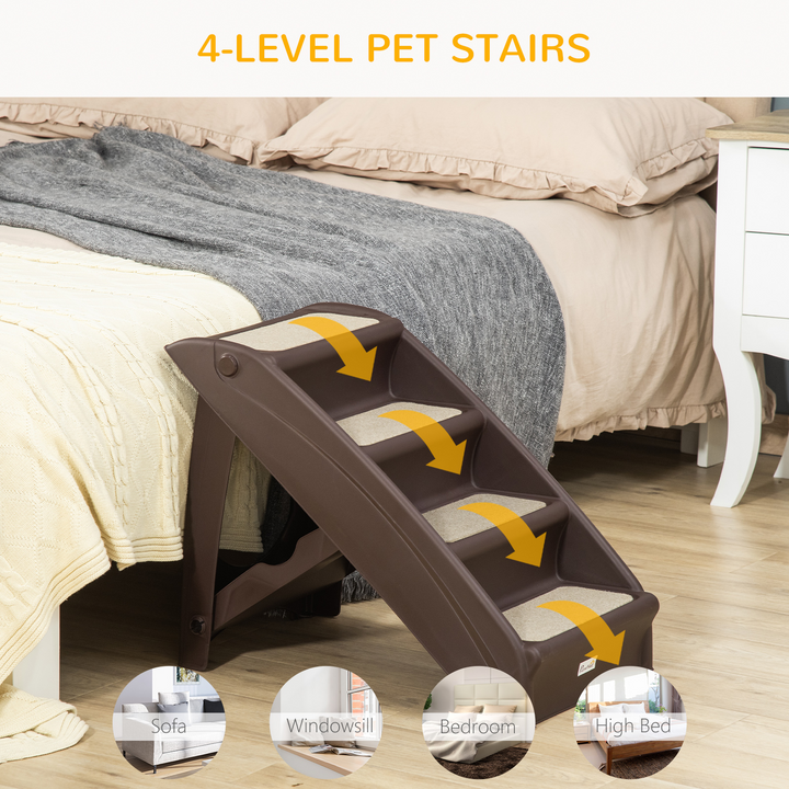 PawHut Foldable Pet Stairs - Portable Dog Steps for Sofa & Bed | Non-Slip, 4-Step Design for Cats & Small Dogs - Dark Brown, 62x38x49.5cm - Premium  from Home Treasures - Just £47.99! Shop now at Home Treasures