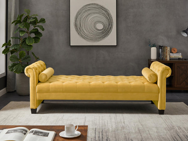 Velvet Rectangular Sofa Bench w/ Attached Cylindrical Pillows (Yellow)