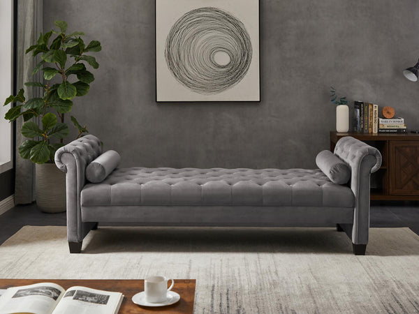 Solid Wood Legged Velvet Sofa w/ Attached Cylindrical Pillows (Dark Grey)