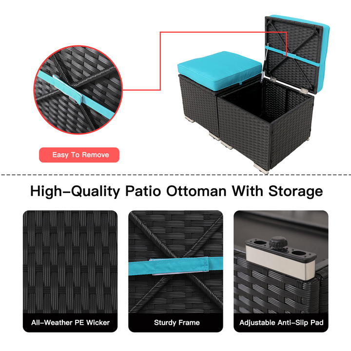 2-Pieces Patio Rattan Ottomans，All-Weather Rattan Wicker Multipurpose Outdoor Furniture for Patio, Backyard, Additional Seating, Footrest, Side Table w/Storage, Removable Cushions - Premium  from Home Treasures - Just £110! Shop now at Home Treasures