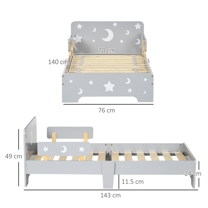 ZONEKIZ Toddler Bed - Grey Children's Furniture with Star and Moon Patterns, Protective Side Rails, Ages 3-6, 143 x 76 x 49cm - Premium  from Home Treasures - Just £106.99! Shop now at Home Treasures