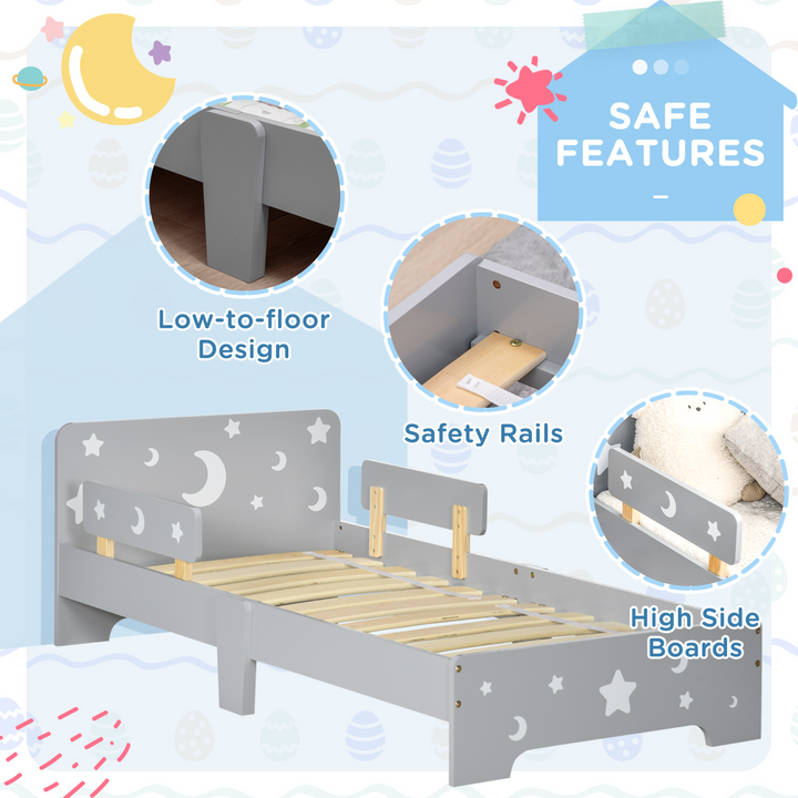 ZONEKIZ Toddler Bed - Grey Children's Furniture with Star and Moon Patterns, Protective Side Rails, Ages 3-6, 143 x 76 x 49cm - Premium  from Home Treasures - Just £106.99! Shop now at Home Treasures